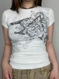 Model wearing the white Y2K Graphic Crop T-Shirt