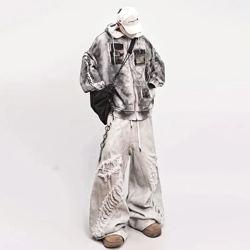 Streetwear High Street Patched Wide Leg Jeans