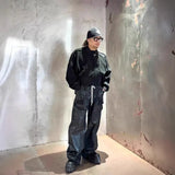 Streetwear Wide Leg Workwear Leather Cargo Pants