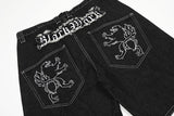 Ripped Lion Embroidery Black Denim Shorts