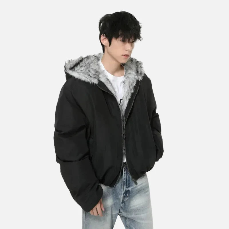 Retro Solid Color Thicken Hooded Fur Jacket