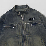 Embroidery Letter Pleated Denim Jacket