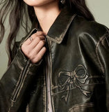 Women Durable Faux Bow Zipper Leather Jacket