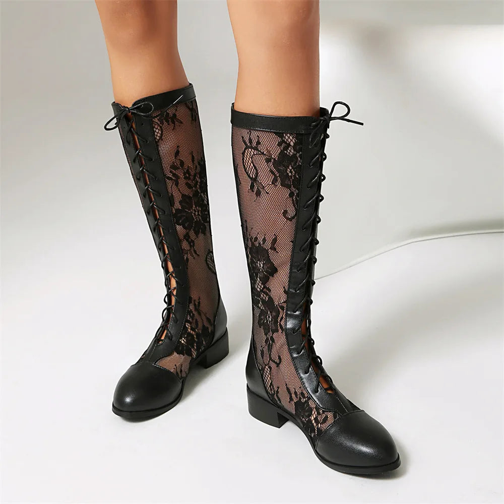 Elegant Lace-Up Sheer Floral Knee-High Boots