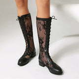Elegant Lace-Up Sheer Floral Knee-High Boots