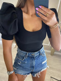 Women Ribbed Buffed Shoulder Top