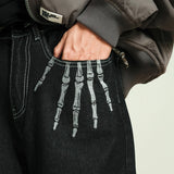 Skeleton Hand Embroidery Denim Pants