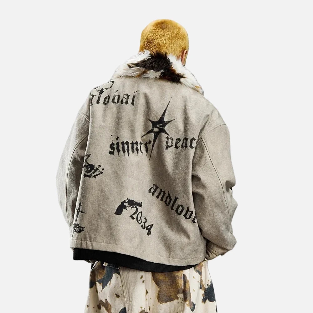 Vintage Distressed Quilted Letter Print Jacket