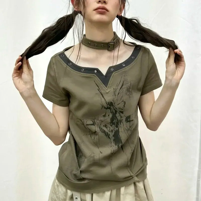 Vintage Patchwork Grunge Aesthetics Halter T-Shirt