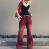 Y2K Mopping Red High-waist Denim Pants