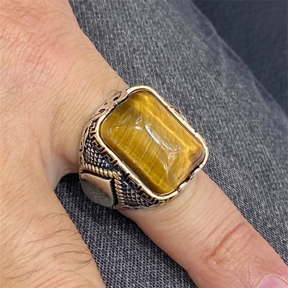 Men Yellow Black Stone Carved Silver Ring