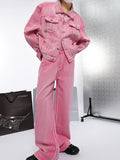 Pink Chic Oversized Denim Jacket And Baggy Jeans