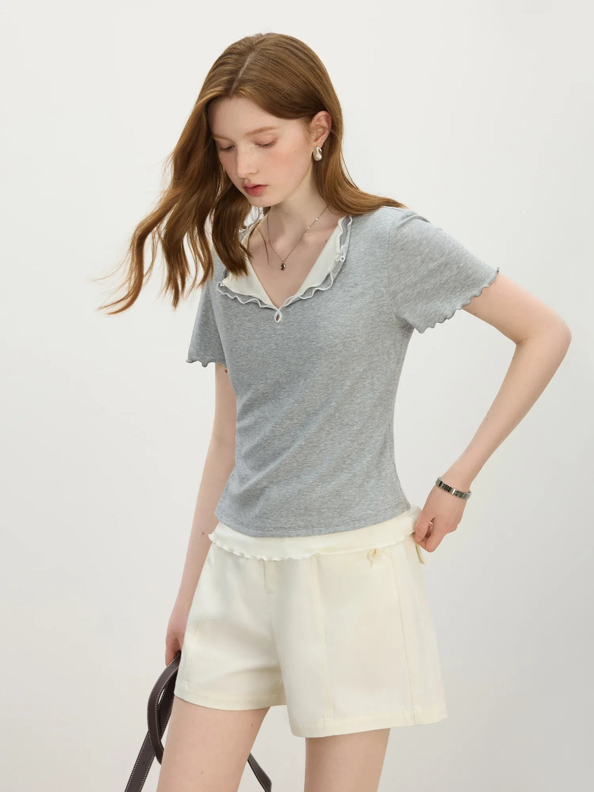 Layered Knit Lapel Short Sleeve T-Shirt