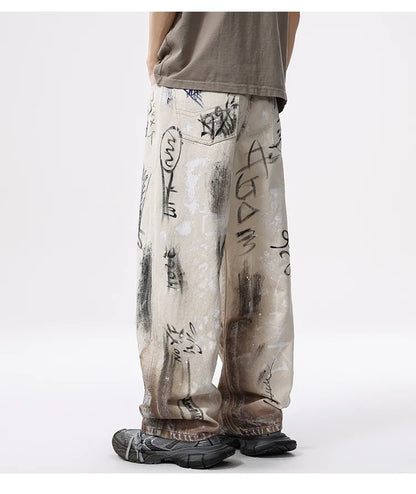 Streetwear American Graffiti Ripped Loose Wide Leg Jeans