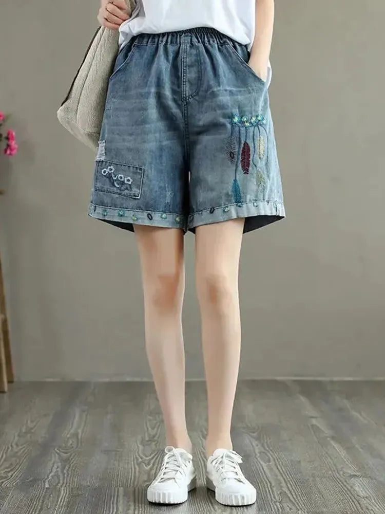Flower Vintage Embroidery Denim Shorts