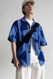 Y2K Street Style Navy Geometric Print Short Sleeve Shirt