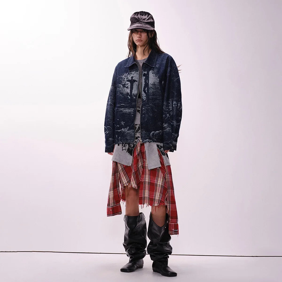 Dark Vintage Printed Denim Jacket Jeans