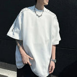 Rhinestone Beaded Zipper Shoulder Pad T-Shirt