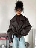 Solid Color Lapel Lace-Up Leather Jacket