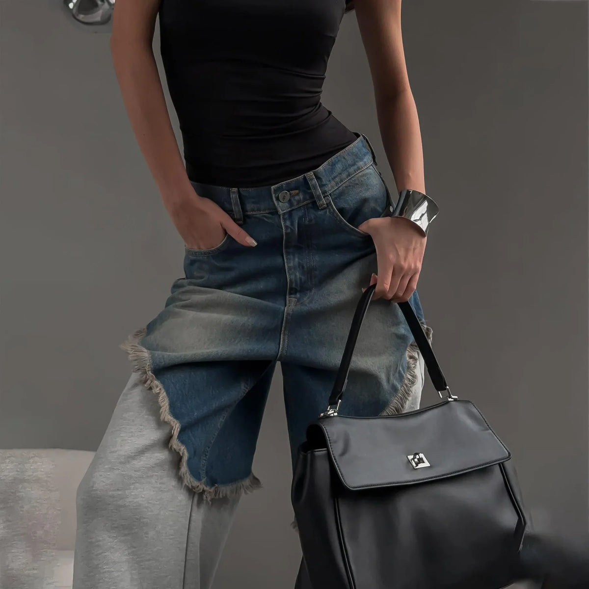 Distressed Patchwork Wide Leg Denim Pants