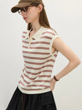 Women Casual Striped Knit Sleeveless Button Collar T-Shirt