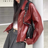 Women Red Retro Lapel Leather Jacket
