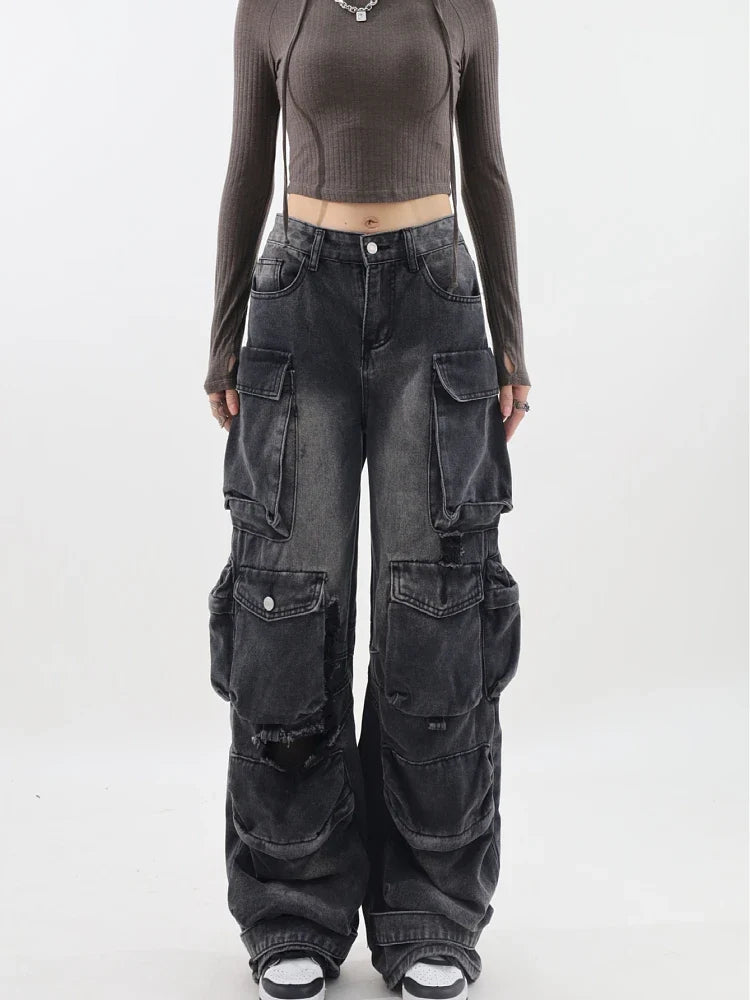 Y2K Belted Dark Wash Cargo Jeans