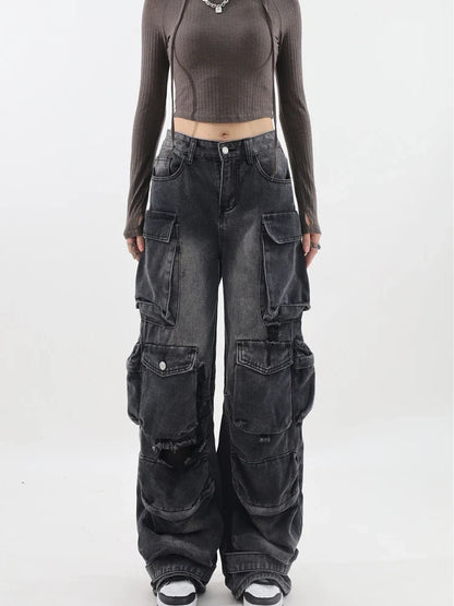 Y2K Belted Dark Wash Cargo Jeans