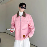 Korean Style Pink Turn-Down Collar Denim Jacket