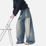 Streetwear Blue Washed High Waist Wide Leg Denim Jeans