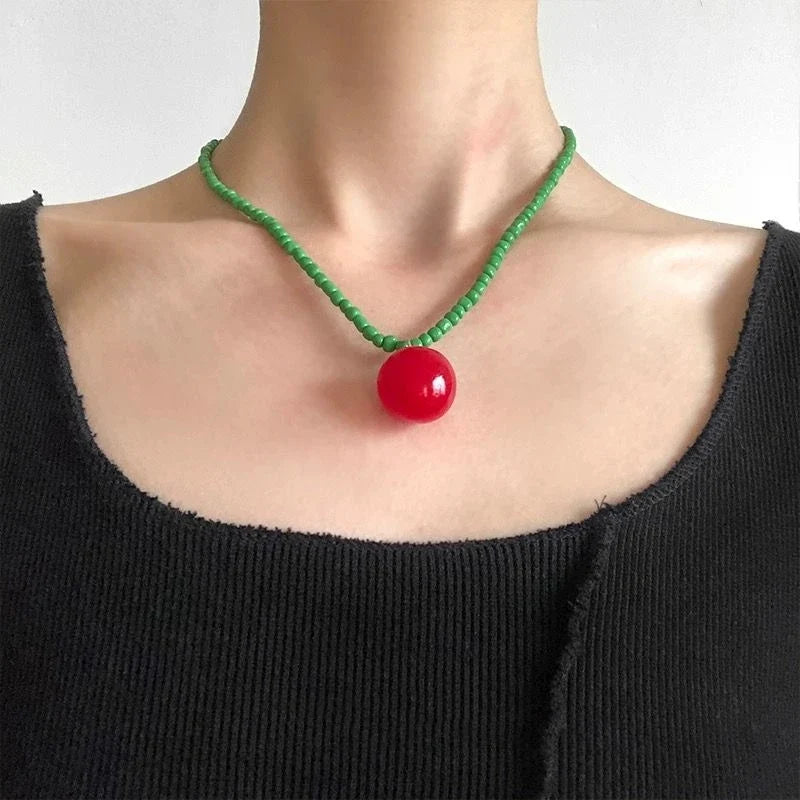 Vibrant Beaded Fruit Pendant Chain Necklace