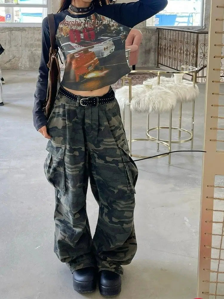 Vintage Washed Camouflage Print Wide Jeans