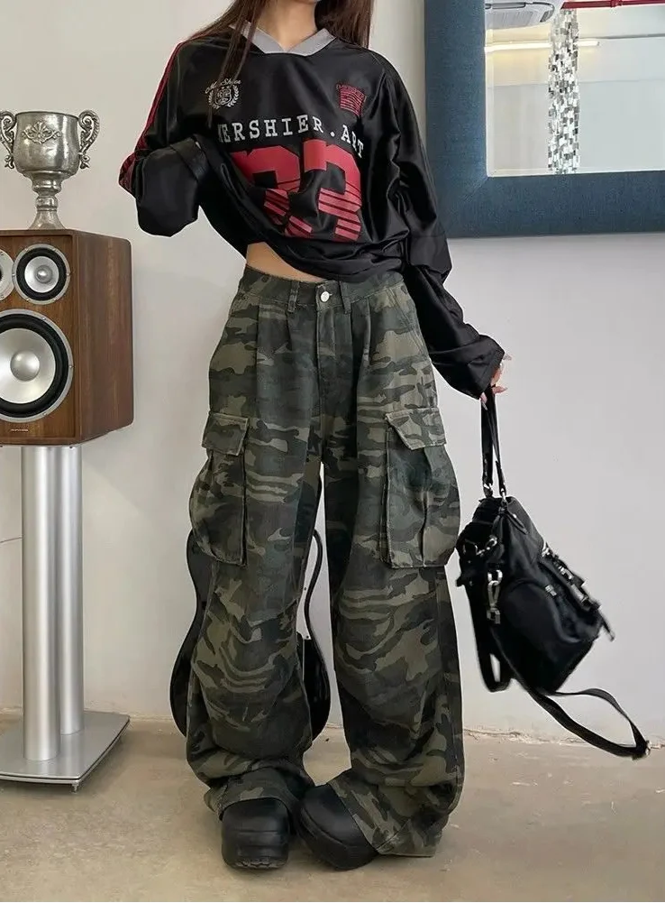 Vintage Washed Camouflage Print Wide Jeans