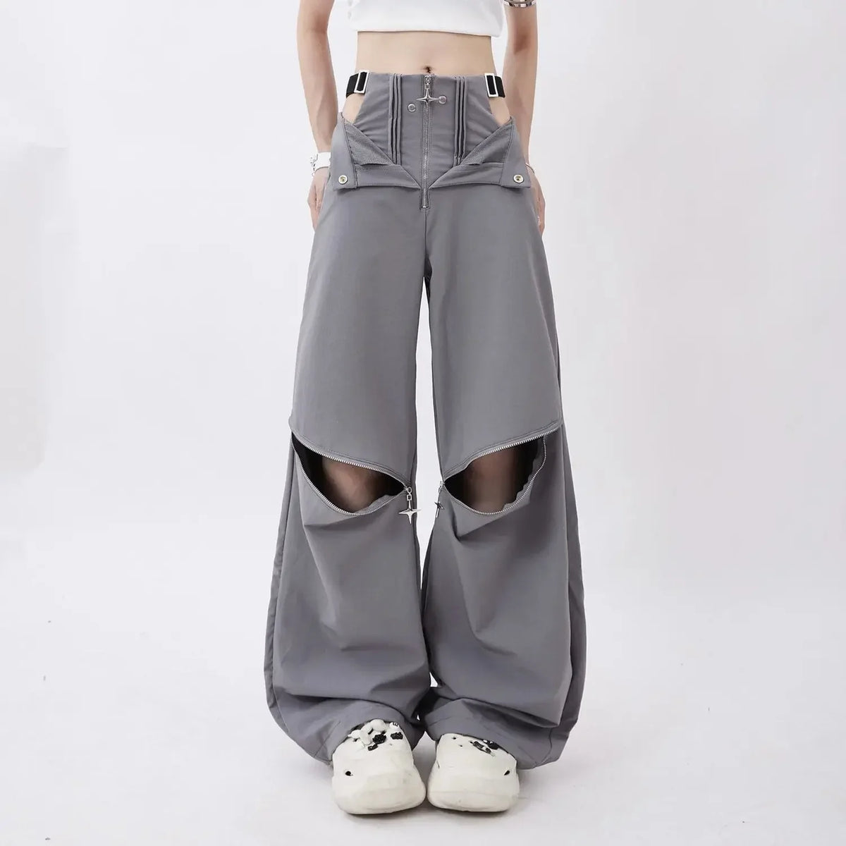 Black Cargo Zipper Design High Pants