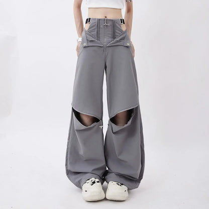 Black Cargo Zipper Design High Pants