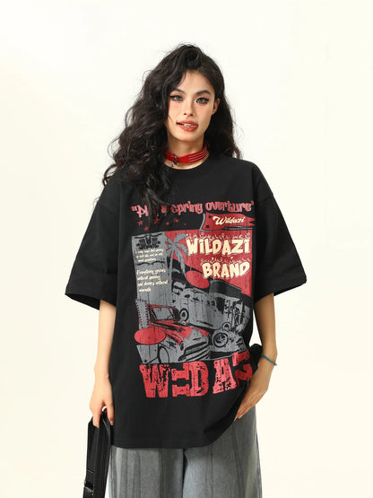 Versatile Retro Printed Crew Neck T-Shirt
