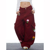Y2K Versatile 2000s Style Red Floral Cargo Jeans