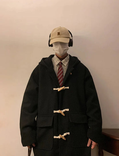 Vintage Horn Buckle Woolen Hooded Coat