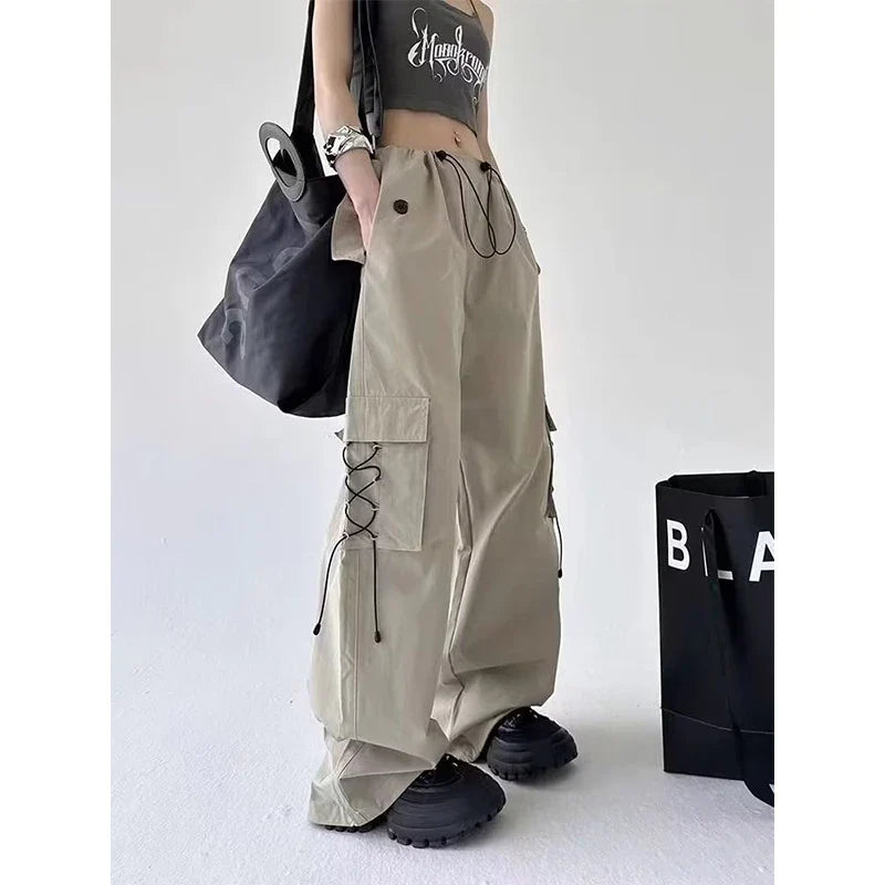 American Style Solid Pleated Wide Leg Cargo Pants