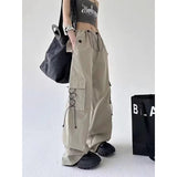 American Style Solid Pleated Wide Leg Cargo Pants