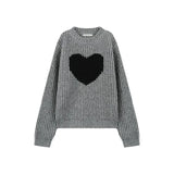 Heart Print Gray Knitted Oversize Sweater