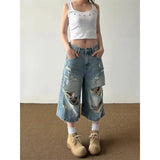 Streetwear Comfort Distressed Wide Leg Denim Jorts