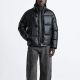 Thick Faux Leather Standing Collar Jacket