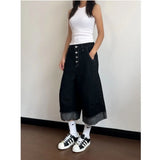Women Retro Wide Leg Raw Edged Jorts
