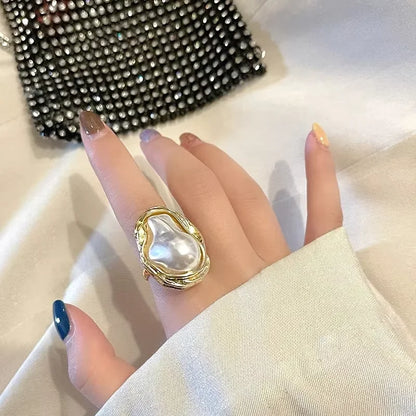 Geometric Imitation Pearl Gold Plated Ring