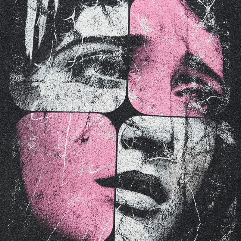 Washed Puzzle Face Printed T-shirt