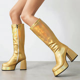 Gothic Metallic Chunky High Heel Leather Boots