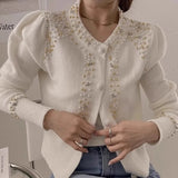 Stylish Beaded Bubble Sleeve Knit Cardigan