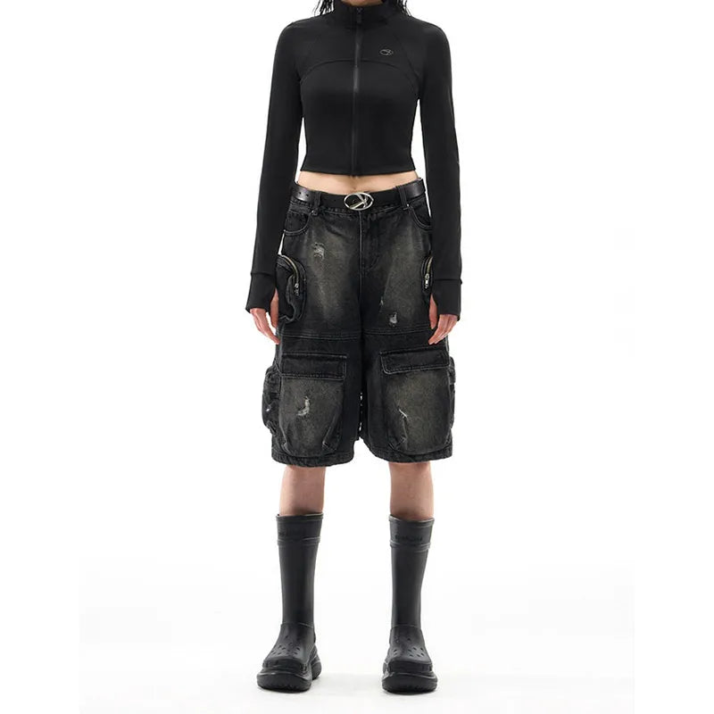Streetwear Casual High Waist Black Vintage Denim Jorts