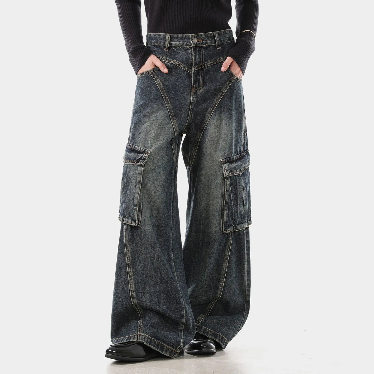 Trendy Deconstructed Wide Leg Cargo Jeans